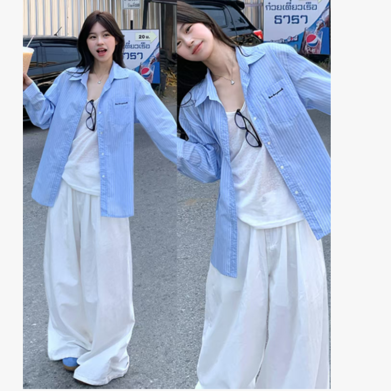 한 부서 스트라이프 셔츠 새로운 루즈핏 재킷 긴팔 맨위 10 화이트 넓은 다리 양면 펌프 로프 임산부 바지 세트