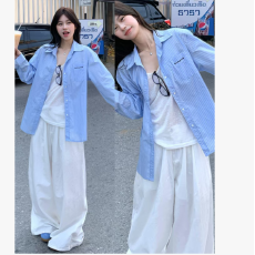 批发韩系条纹衬衫新款宽松外套长袖上衣十白色阔腿两边抽绳孕妇裤套装