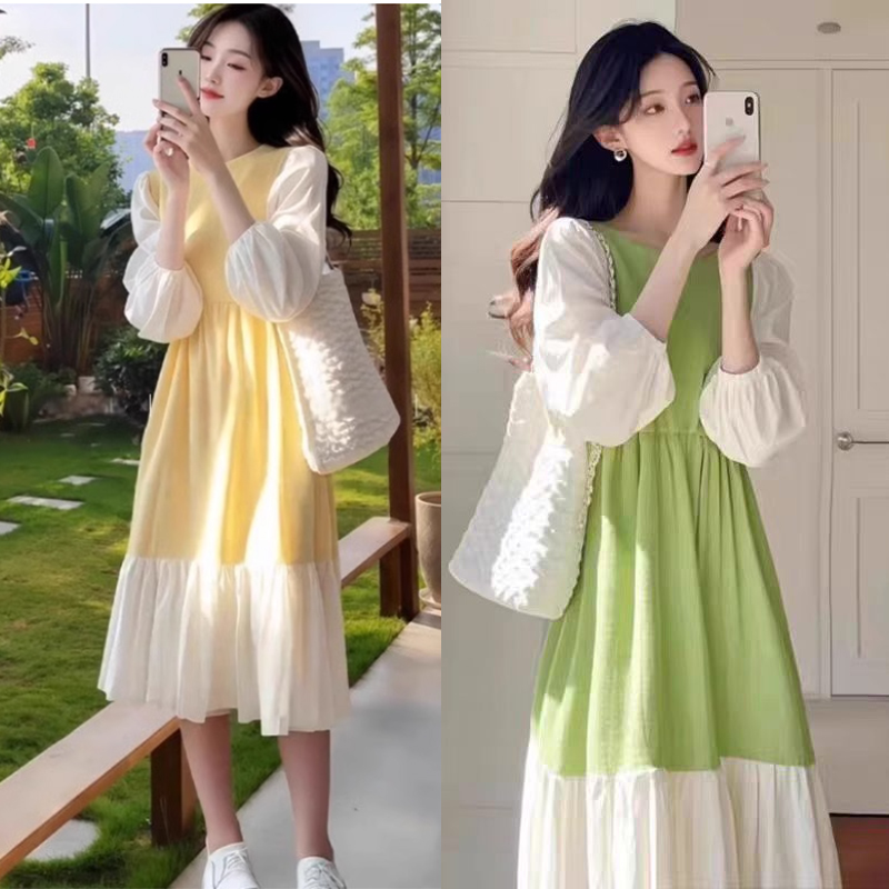 고급 센스 품격 부드러운 바람 드레스 봄 새로운 폭발 인기 배색 패치워크 임산부 중간 길이 스커트