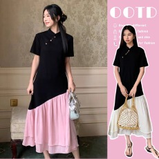 复古新中式国风撞色高级不规则设计感旗袍宽松孕妇连衣裙