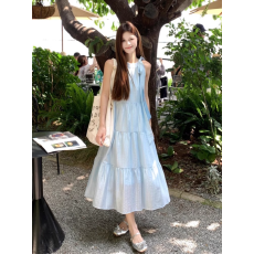 孕妇装轻盈感蝴蝶结蓝色挂脖纯色烫金大摆孕妇连衣裙