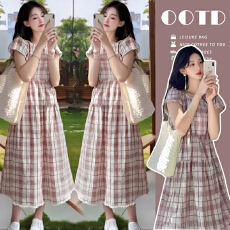 实拍新款复古气质格子花边拼接短袖连衣裙夏宽松孕妇长裙子
