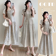 批发实拍新款<b class='q'>大码</b>法式格子连衣裙夏季花边拼接气质<b class='q'>时尚</b>方领孕妇裙子