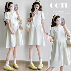 批发实拍棉质蝴蝶结白色连衣裙夏季小个子孕妇连衣裙泡泡袖裙子