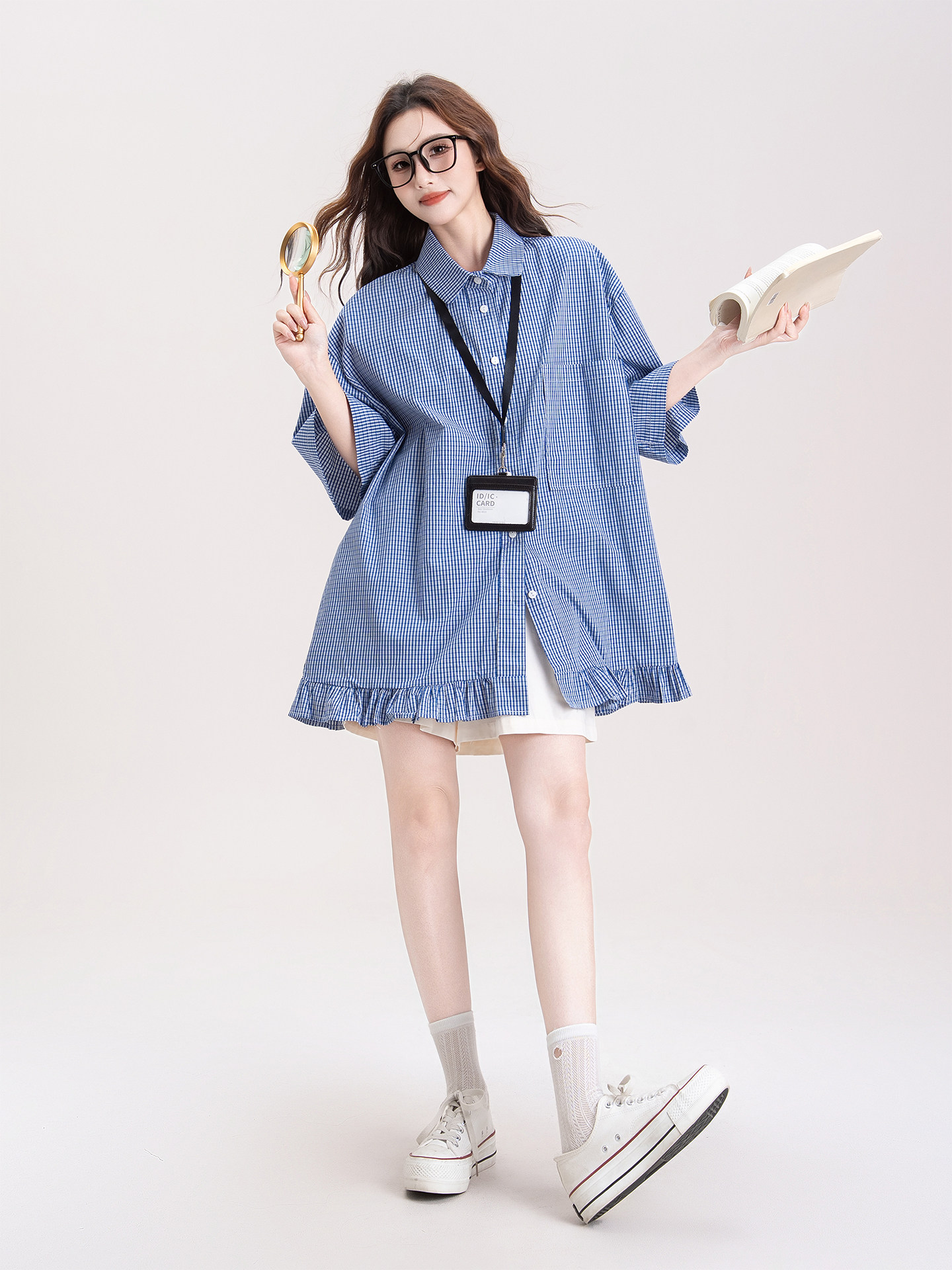 파란색 체크무늬 프릴 반팔 셔츠 여름 새로운 루즈핏 넓은 다리 복부 지지 반바지 임산부 투피스 슈트 로드 중
