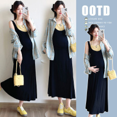 批发实拍春夏百搭假二件吊带连衣裙+<b class='q'>宽松</b>格子衬衫防晒孕妇二件套装