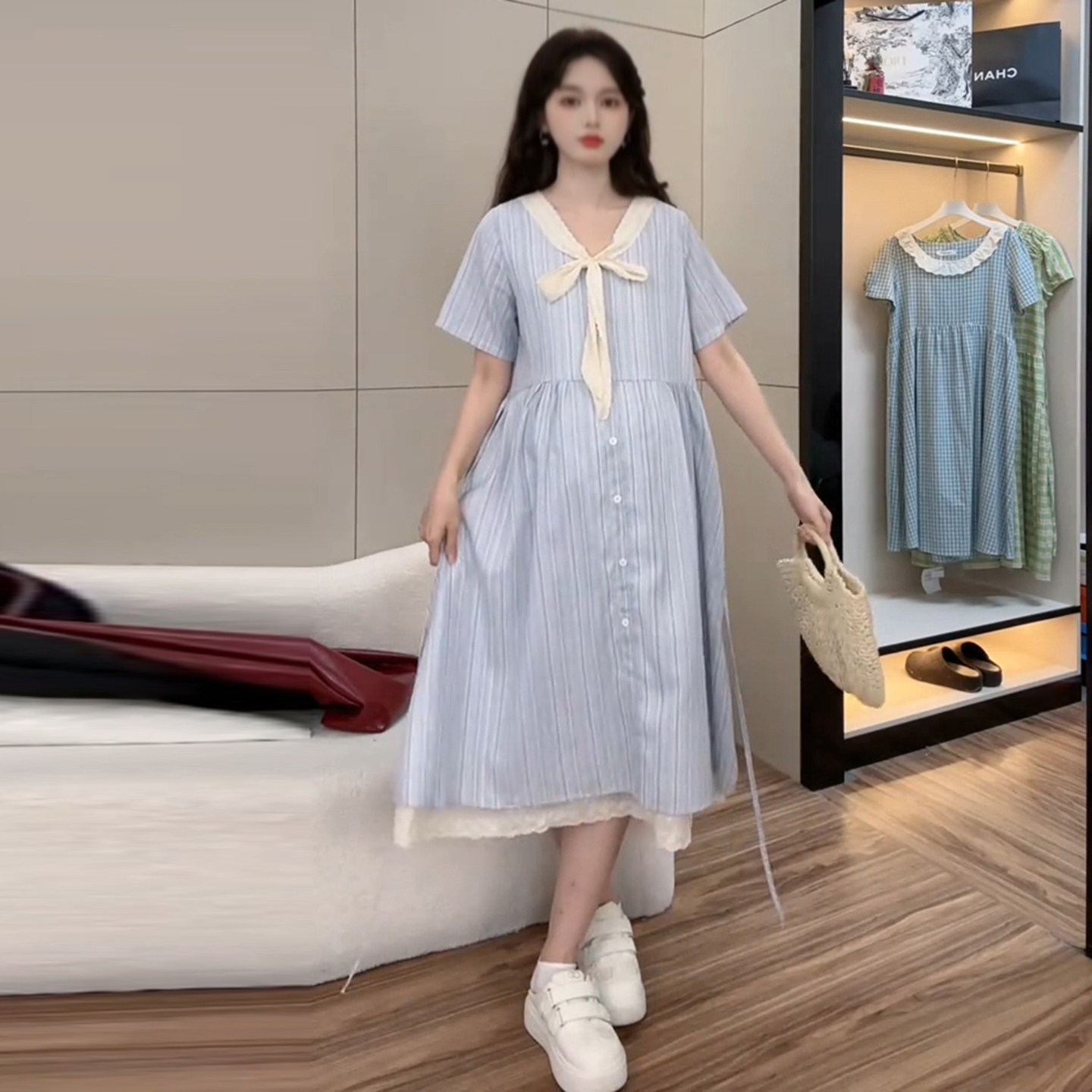 선물 물품 출산 착용 여름 한국 스타일 루즈핏 V넥 나비 매듭 레이스 드레스 달콤함 임산부 롱 스커트