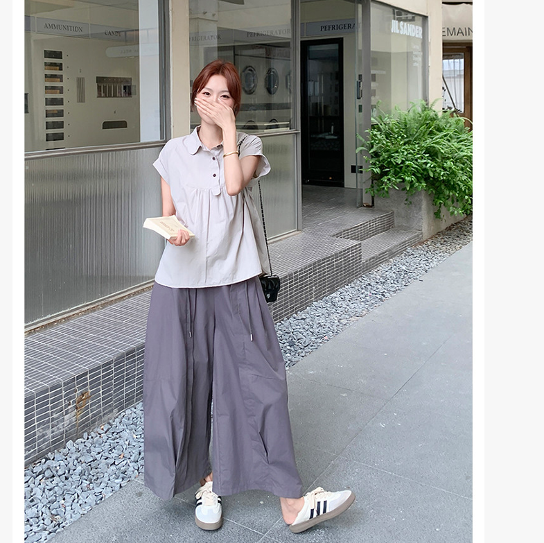 품격 캐주얼 반팔 셔츠 디자인 센스 와이드 레그 팬츠 세트 여름 폭발 루즈핏 슬림해 보이는 임산부 투피스 슈트