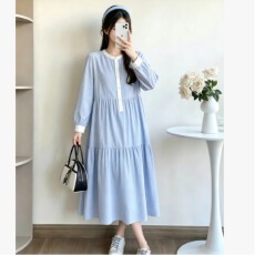 批发現货秋季新款法式蓝色<b class='q'>休闲</b>条纹长裙泡泡袖温柔拚色孕妇连衣裙