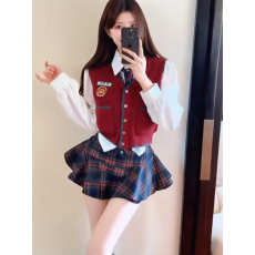 批发韩系学院风套装衬衫马甲<b class='q'>高腰</b>格子<b class='q'>半身裙</b>子甜辣妹三件套