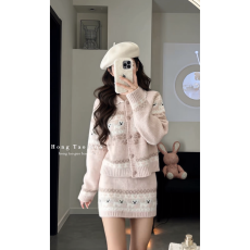 批发甜美粉色提花小狗针织开衫秋冬季慵懒软糯上衣毛衣<b class='q'>半身裙</b>两件套装