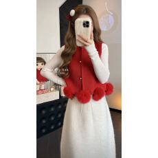 新年巨好看新中国风氛围设计感打底衫红色背心半身裙装