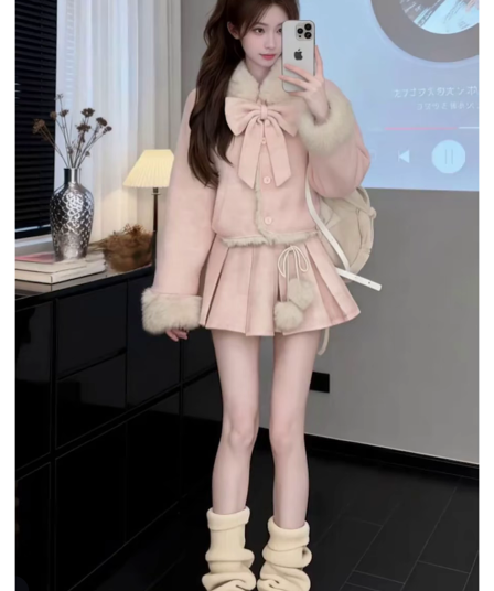 양면 착용 모직 나비 매듭 세트 겨울 새로운 천 금빛 바람 루즈핏 슬림해 보이는 연령 감소 패션 학원 스타일