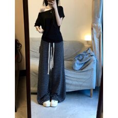 批发百搭黑色斜肩T恤休闲裤高腰垂感百搭显瘦慵懒风黑色条纹裤子套装