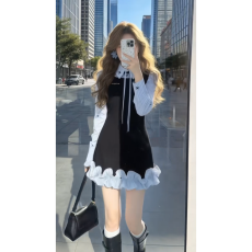 批发韩系法式学院风设计感条纹衬衣<b class='q'>花苞</b>短裙假两件<b class='q'>连衣裙</b>