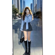 批发高级感韩系chic设计感条纹衬衫灰色<b class='q'>百搭</b>包臀裙套装