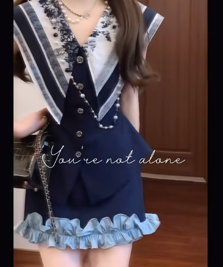 프랑스식 패션 학원 스타일 품격 프린트 헤일로 염색 해군 칼라 맨위 패치워크 프릴 반신 스커트 투피스 세트