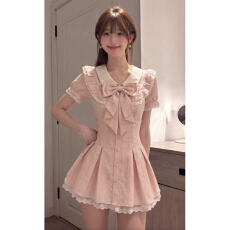 批发纯欲风甜美短裙夏季收腰显瘦小众设计感蕾丝<b class='q'>拼接</b>飞飞袖公主连衣裙
