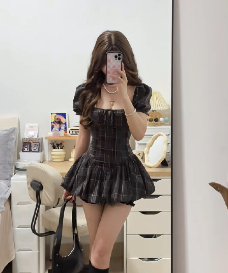 아메리칸 레트로 핫걸 체크무늬 광장 칼라 거품 소매 드레스 여름 품격 허리 수축 슬림해 보이는 퍼프 꽃밭 치마
