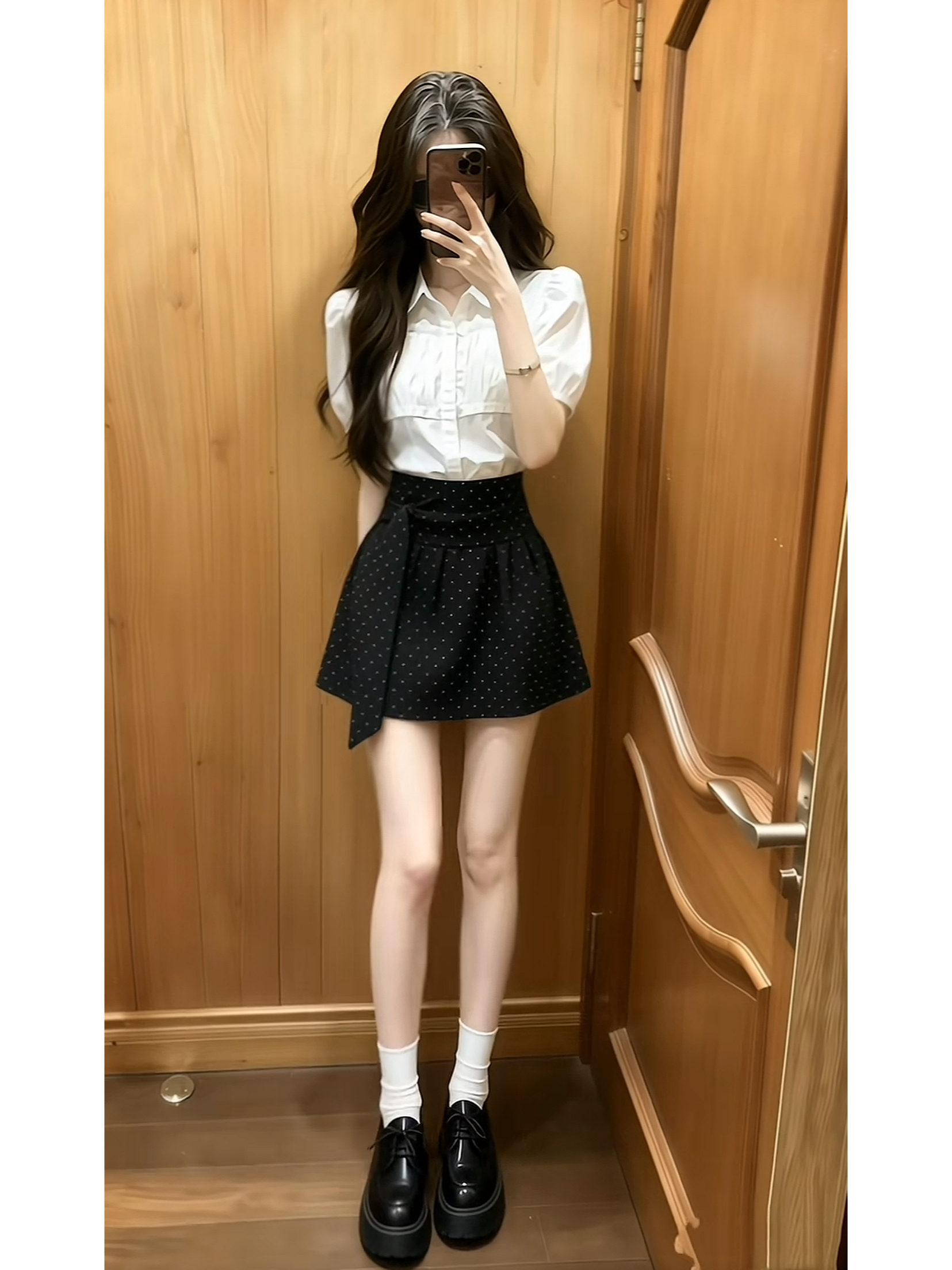 한 부서 달콤한 스타일 화이트 거품 소매 셔츠 도트 무늬 반신 미니 스커트 여름 연령 감소 착용 가져 가라. 세트