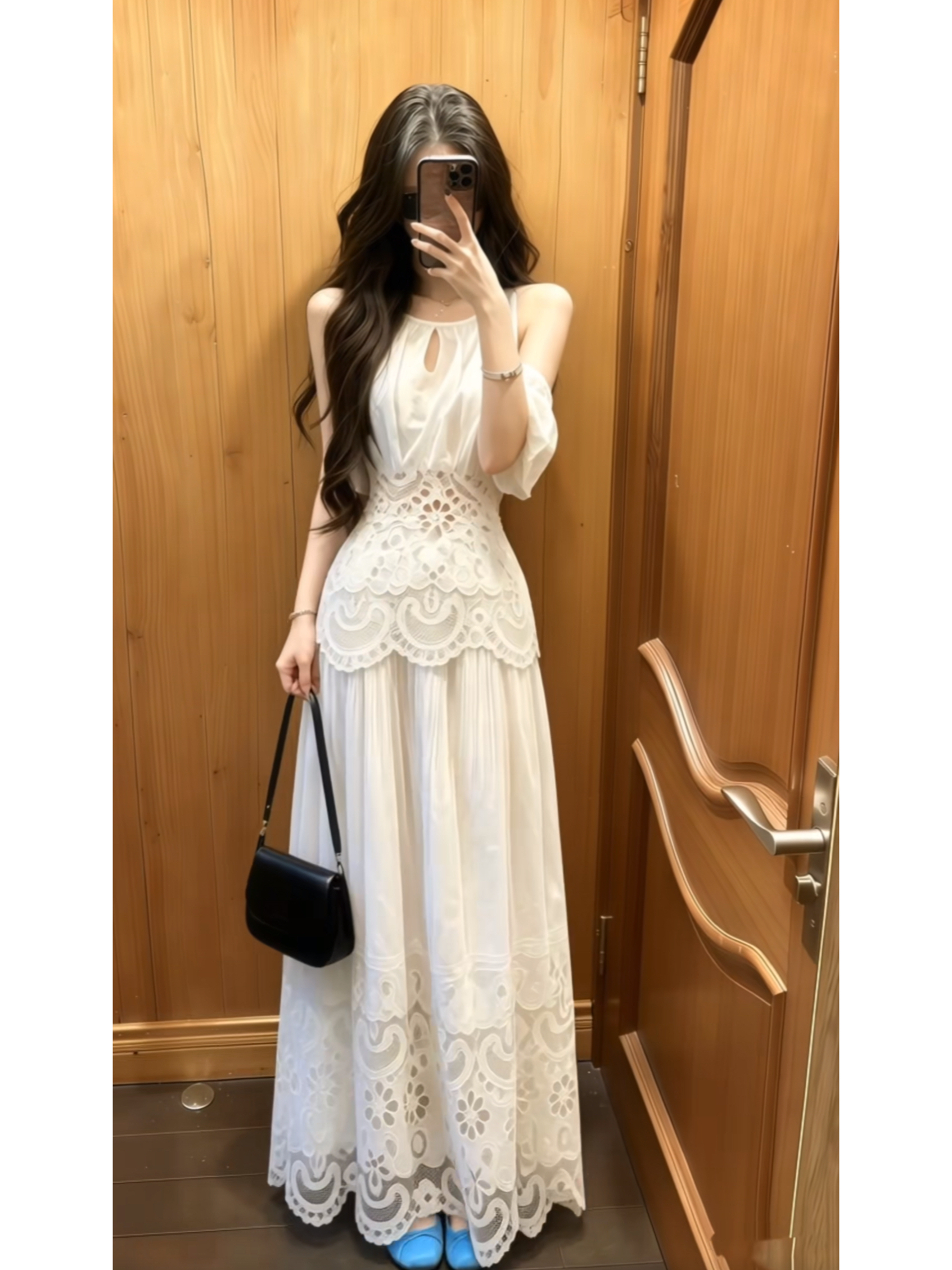 여름 새로운 프랑스식 느긋한 슬림해 보이는 오프숄더 셔츠 자수 홀로우 아웃 반신 스커트 한 부서 품격 투피스 세트