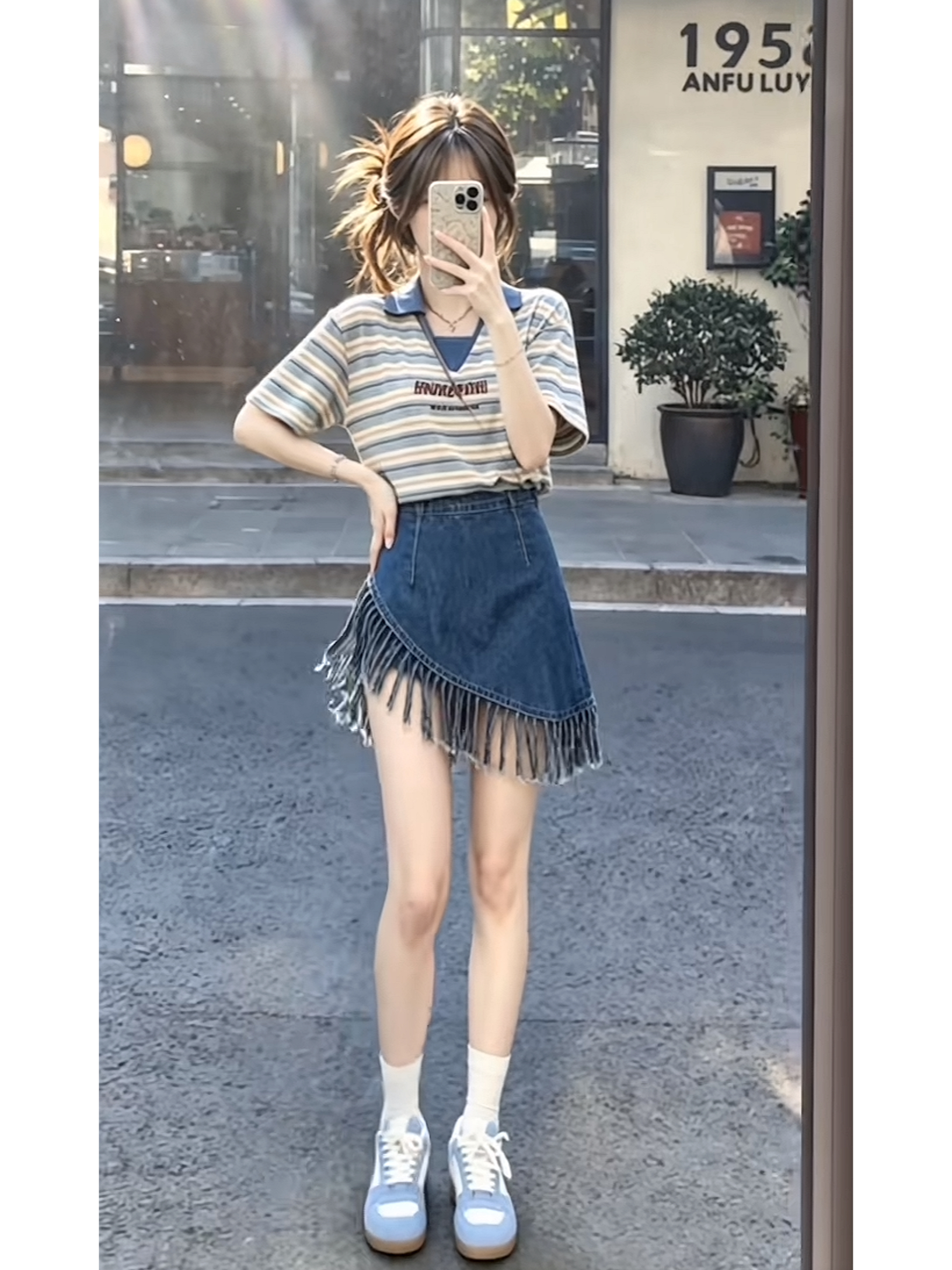 한 부서 부드러운 바람 POLO 칼라 스트라이프 반팔 맨위 술 데님 바지 아름다운 세트