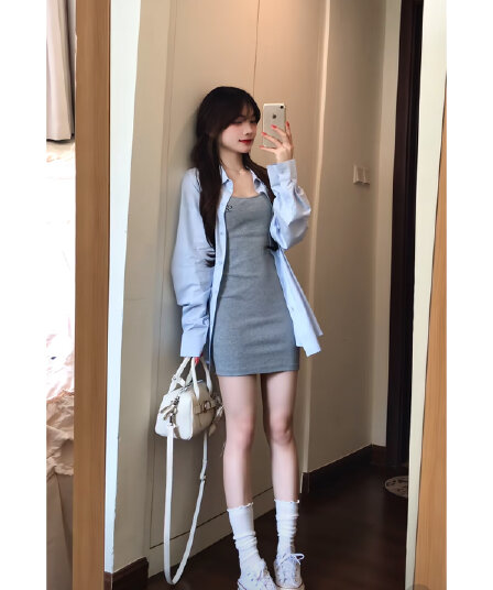 순수한 욕망 바람 자수 몸매 가꾸기 조끼 원피스 세트 여성 이른 가을 긴팔 얇은 스타일 셔츠 핫걸 타이트 스커트 짧은 치마