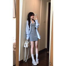 批发纯欲风刺绣修身背心<b class='q'>连衣裙</b>套装女早秋长袖薄款衬衫辣妹包臀短裙子