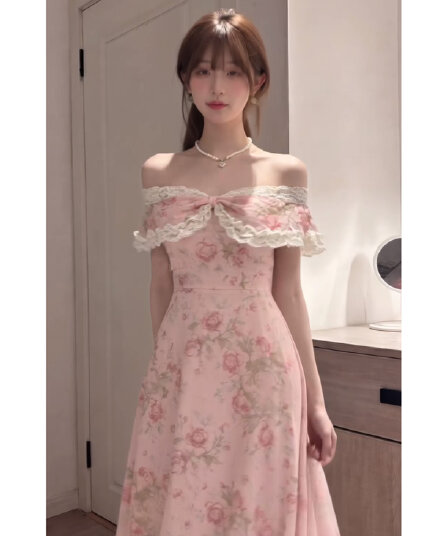 프랑스식 낭만주의 보트넥 오프숄더 레이스 드레스 여름 꽃무늬 롱 스커트 품격 고급 센스 슈퍼 잘 생긴 ~ 중 치마