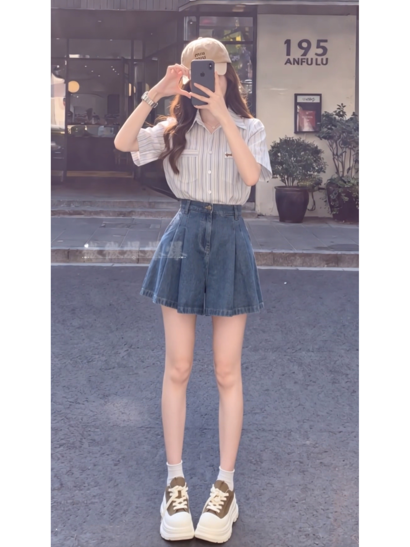 여름 새로운 상쾌 달콤함 스트라이프 셔츠 레트로 항구 바람 패션 외국 가스 데님 미니 스커트 품격 투피스 세트 트렌디