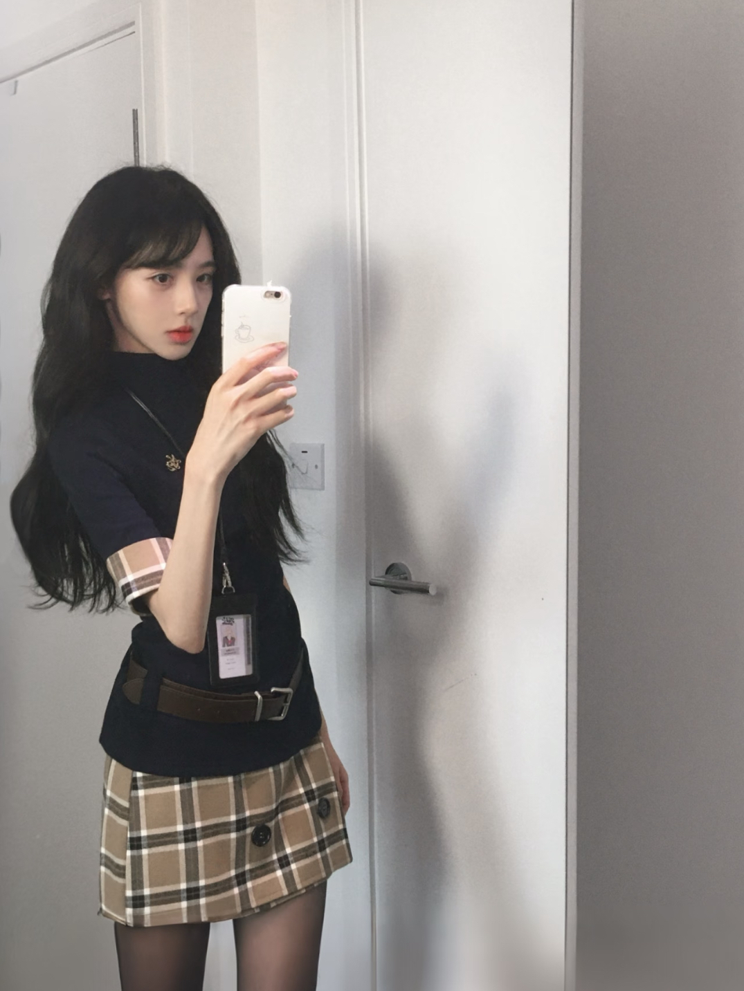 학원 스타일 한 부서 순수한 욕망 핫걸 체크무늬 패치워크 몸매 가꾸기 맨위 하이웨이스트 슬림해 보이는 반신 치마 세트