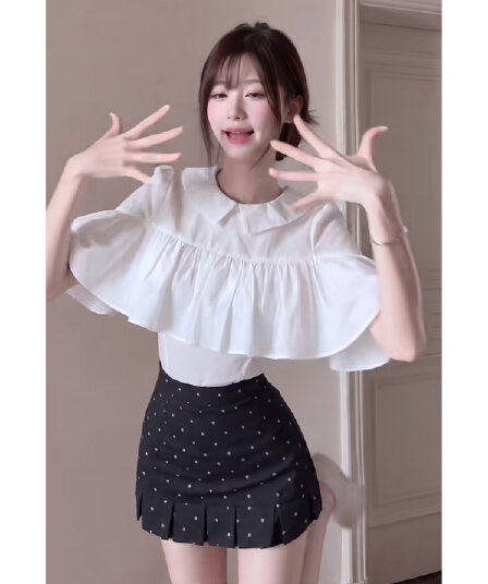 프랑스식 디자인 센스 프릴 폴로 칼라 반팔 셔츠 하이웨이스트 슬림해 보이는 도트 무늬 반신 치마 세트