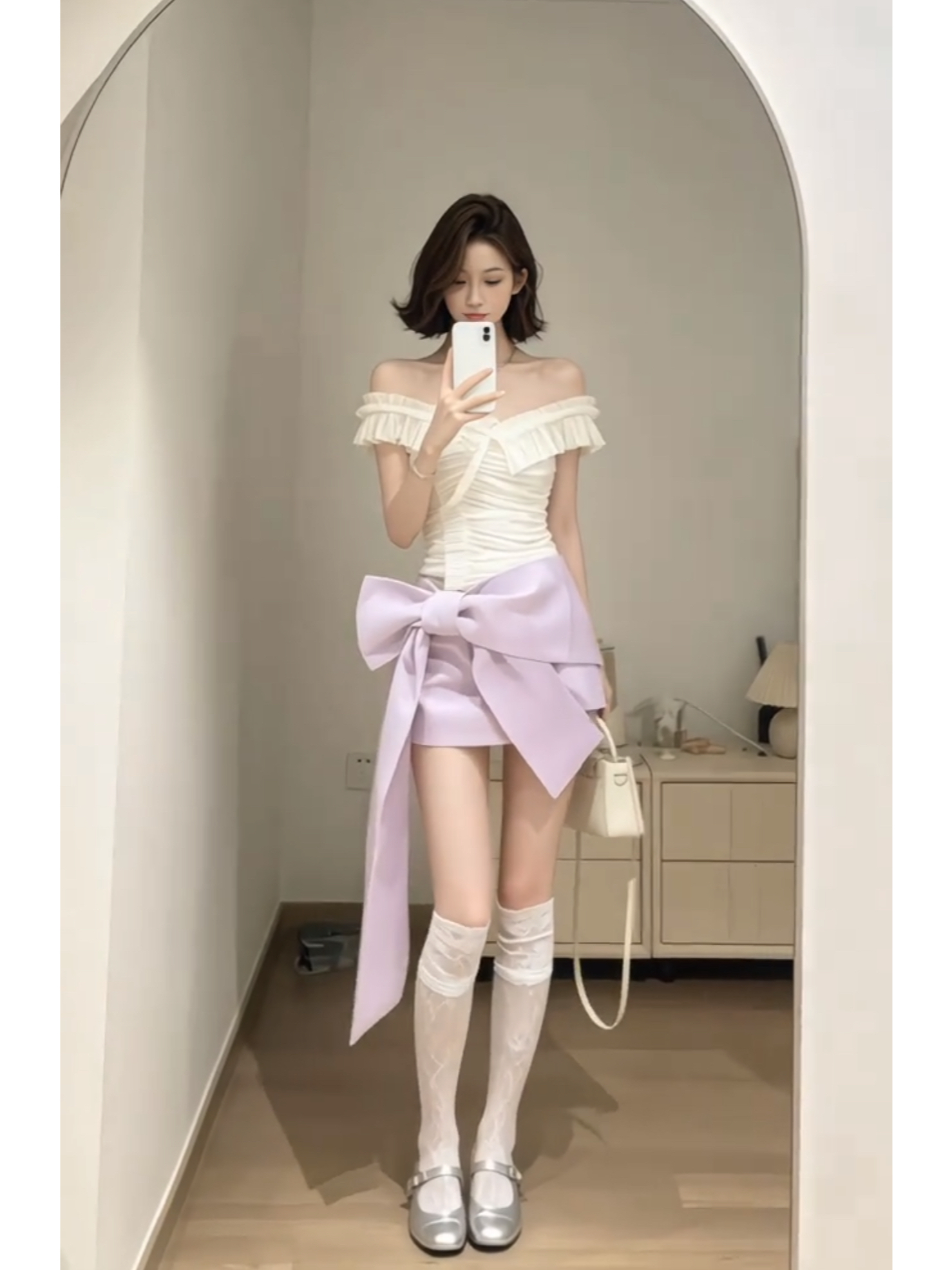 한 부서 순수한 욕망 바람 프릴 주름 오프숄더 맨위 여름 새로운 하이웨이스트 나비 매듭 반신 치마 세트