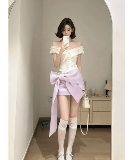 한 부서 순수한 욕망 바람 프릴 주름 오프숄더 맨위 여름 새로운 하이웨이스트 나비 매듭 반신 치마 세트