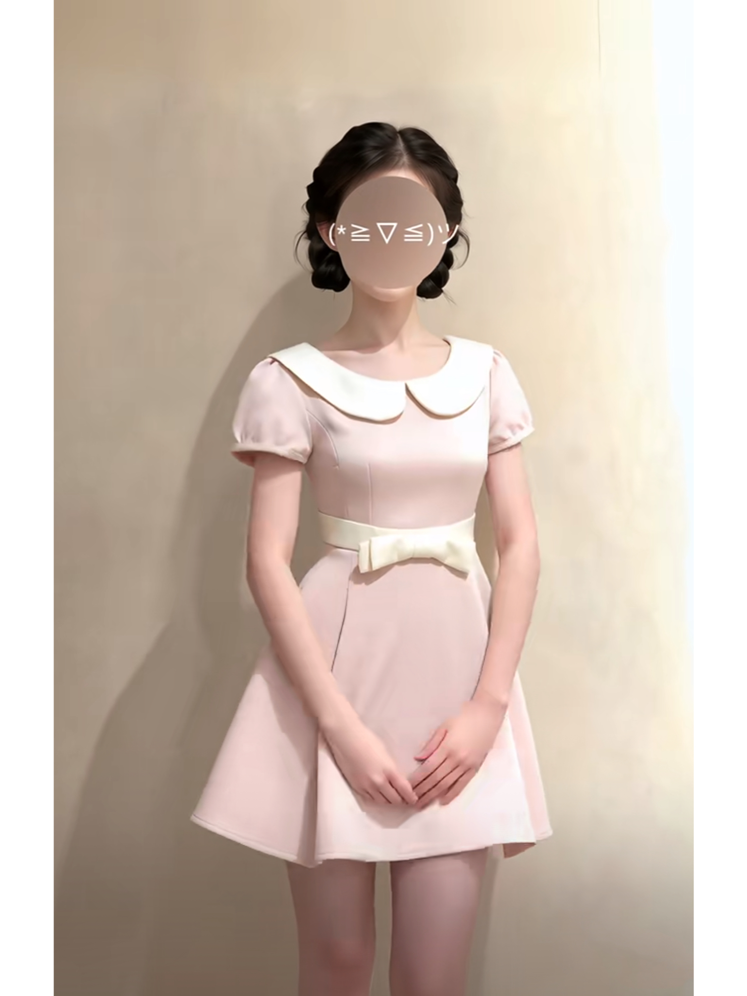 일본식 달콤함 베이비 칼라 핑크색 드레스 허리 수축 슬림해 보이는 첫사랑 센스 연령 감소 거품 소매 한 마디 미니 스커트