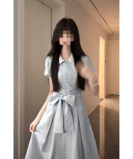 달콤함 디스플레이 화이트 파란색 반팔 드레스 여름 학원 스타일 부드러운 아름다운 중간 길이 스커트