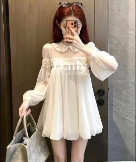 이른 가을 프랑스식 달콤함 베이비 칼라 비즈 박기 허리 수축 슬림해 보이는 한 마디 미니 스커트 한 부서 천 골드 망사 긴팔 드레스
