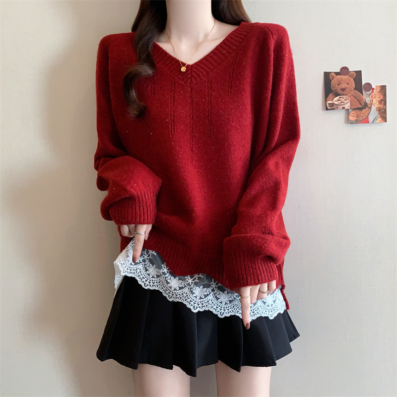 MY16152#法式蕾丝V领拼接毛衣假两件新款宽松设计感针织上衣女裝貨源服...