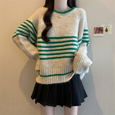 批发实拍复古条纹撞色套头毛衣女2025秋<b class='q'>冬</b>新款宽松慵懒风软糥加厚上衣