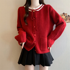 批发实拍2025新年穿搭温柔红色开衫毛衣加厚设计感针织圆领外套女<b class='q'>冬</b>