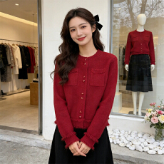 批发小香风新年红流苏毛衣外套<b class='q'>女</b>2025秋冬新款甜美减龄高级感针织上衣