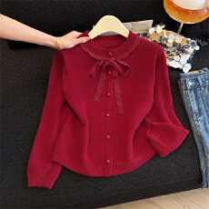 批发实拍新年红色蝴蝶结毛衣外套女2026新款甜美软糥蕾丝拼接<b class='q'>针织</b><b class='q'>开衫</b>