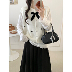 批发实拍小香风蝴蝶结毛衣马甲t恤两件套2026春秋新款叠穿针织背心