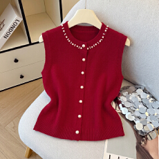 批发实拍小香风钉珠毛衣马甲针织衫2026早秋新款宽松叠穿百搭背心马夹