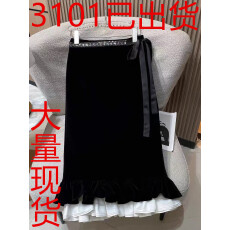 批发黑色高腰半身裙2025秋冬新款撞色拼接荷叶边鱼尾裙<b class='q'>通勤</b>丝绒小黑裙