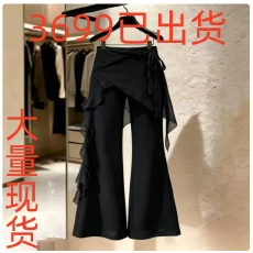 批发2026夏季独特超好看设计感小众不撞款黑色<b class='q'>雪纺</b>花边屁帘微喇裙裤子