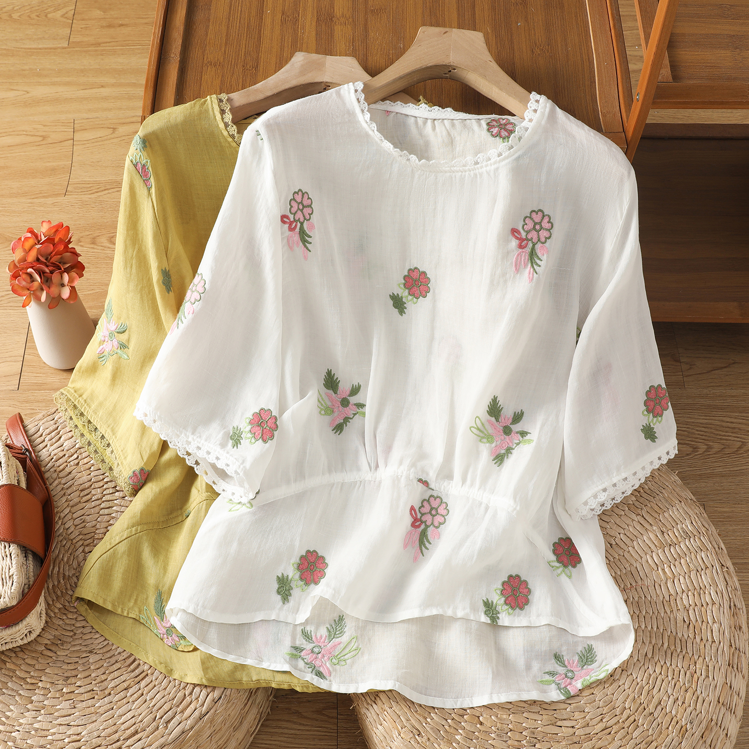 MY11133# 夏季新款文艺范蕾丝花边棉麻绣花七分袖衬衣女女裝貨源服裝批發