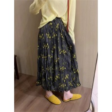 批发复古黄色碎花半身裙女夏季薄款韩系气质高腰遮胯显瘦褶皱a字长裙