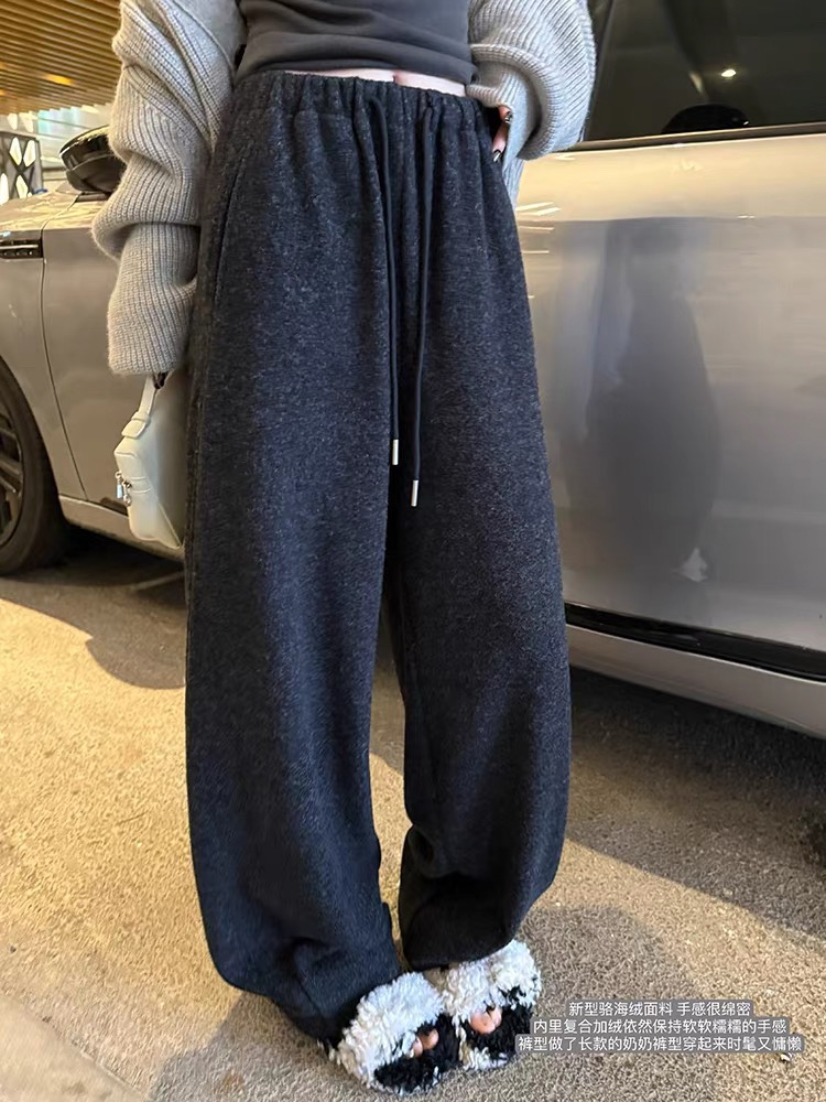 superniniyy 용암 榛 과일 높음 그램 고밀도 루오 바다 플러시 조밀 센스 두꺼운 느긋한 할머니 바지 와이드 레그 팬츠