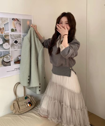 even 하나 원자바오 회색 조정 달빛 한 부서 높음 지혜 센스 프랑스식 망사 질감 센스 주름 부드러운 다용도 거즈 스커트